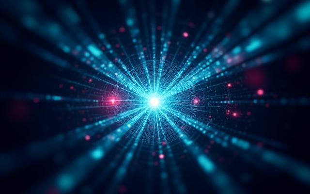 Stylized abstract representation of quantum cryptography defending against cyber threats.