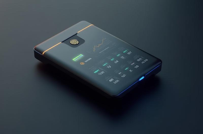 Sleek, futuristic personal finance device with a biometric scanner, digital display showing portfolio data, and secure contactless payment indicator.